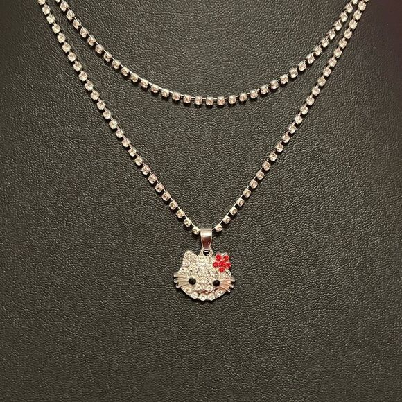 Hello Kitty Rhinestone Double Strand Silver Necklace And Earrings Set - Picture 2 of 4